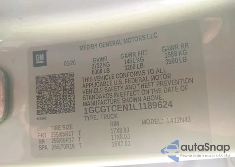 2020 Chevrolet Colorado 4Wd Long Box Lt z USA, uszkodzony, nr VIN 1GCGTCEN1L1189624